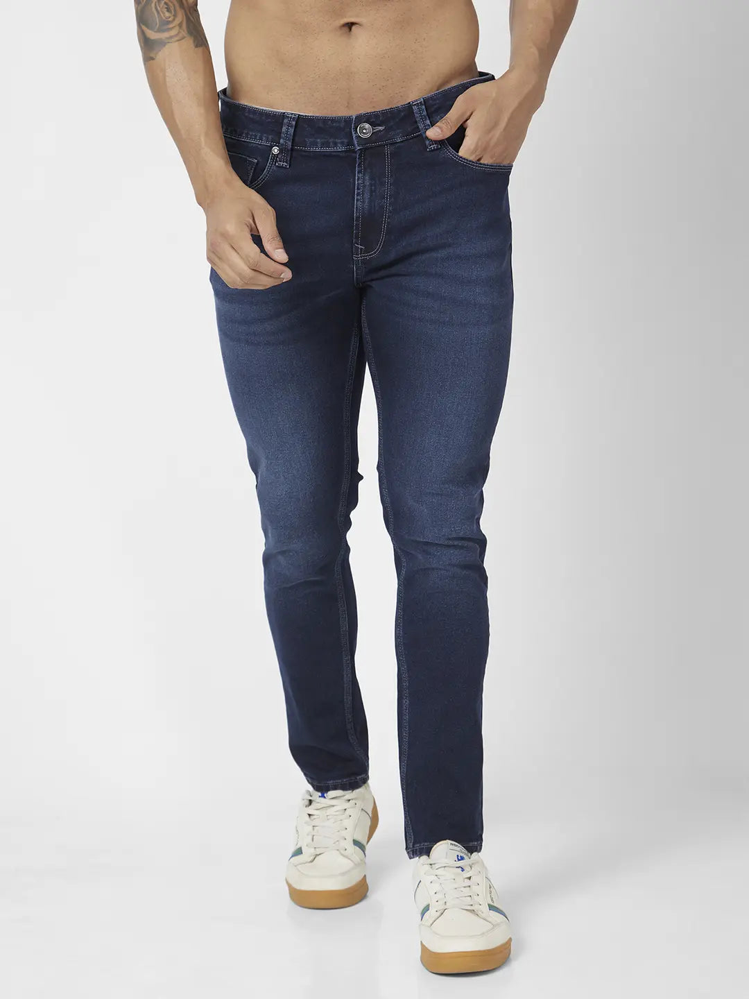 Distressed Jeans for Edgy Style -Spykar Men Dark Blue Cotton Stretch Super Slim Fit Tapered Length Clean Look Low Rise Jeans (Super Skinny)