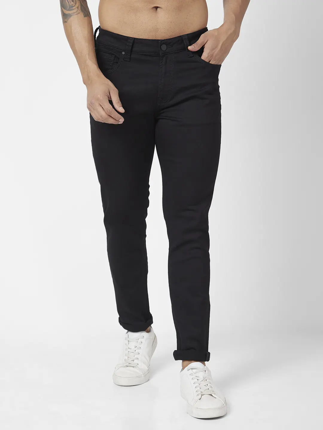 Capri Jeans for Beach Style -Spykar Men Black Cotton Stretch Super Slim Fit Tapered Length Clean Look Low Rise Jeans (Super Skinny)