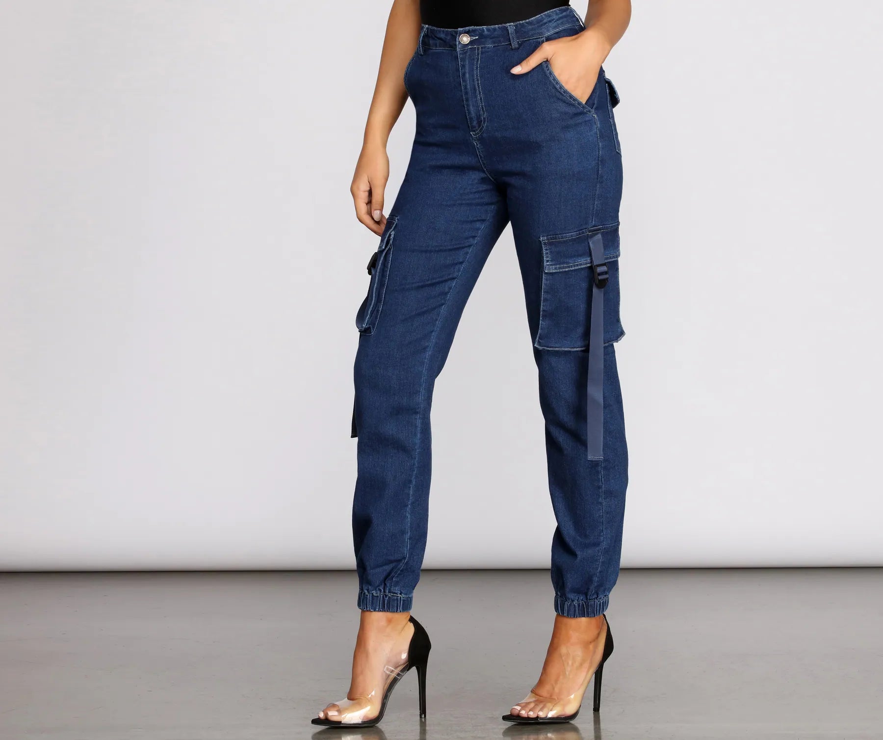 Vintage high-waisted pants for nostalgic wardrobe charm -Grab N' Go Denim Cargo Jogger Pants