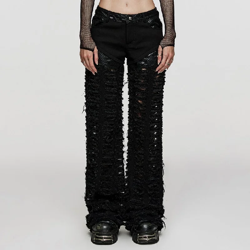 Relaxed cotton pants for breezy casual days -Women's Punk Mesh Splice Ripped Straight Pants