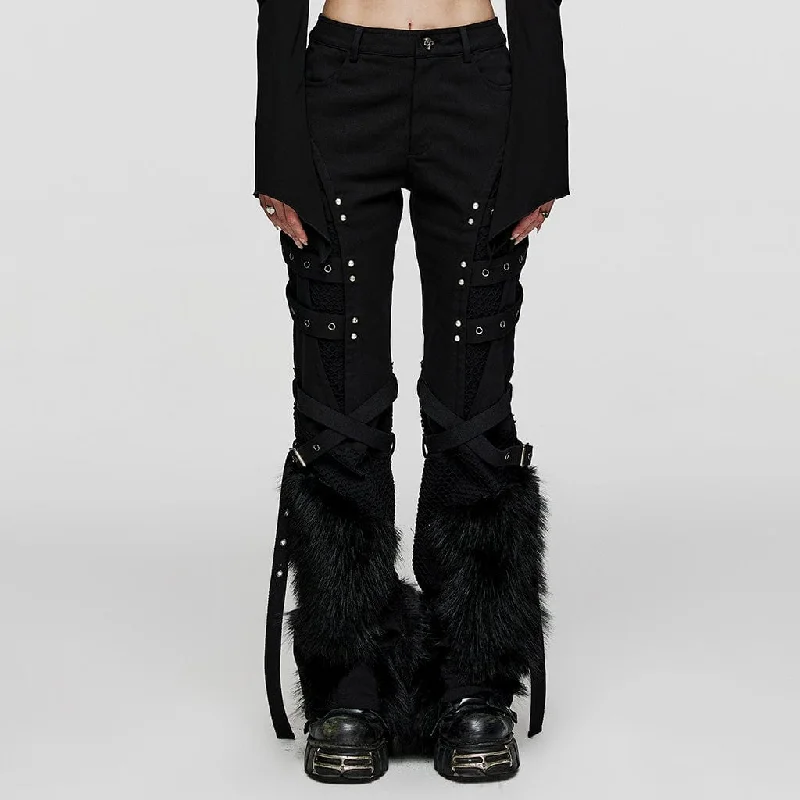 Vintage denim pants for timeless rugged style -Women's Punk Eyelet Mesh Splice Fluffy Pants