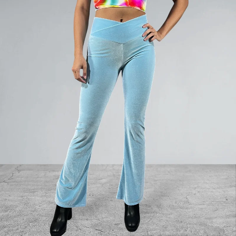 Stylish cropped pants for warm season trends -Crossover V-Waist Bootcut Flare Pants - Light Blue Velvet