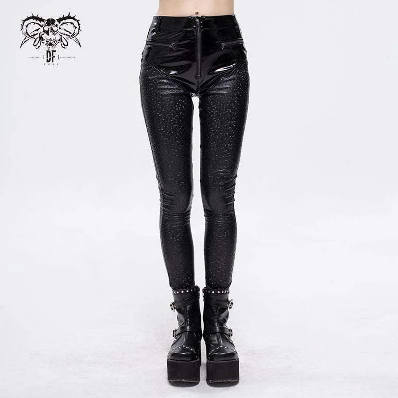 Durable denim pants for long-lasting everyday use -Women's Gothic Faviform Zipper Faux Leather Pants