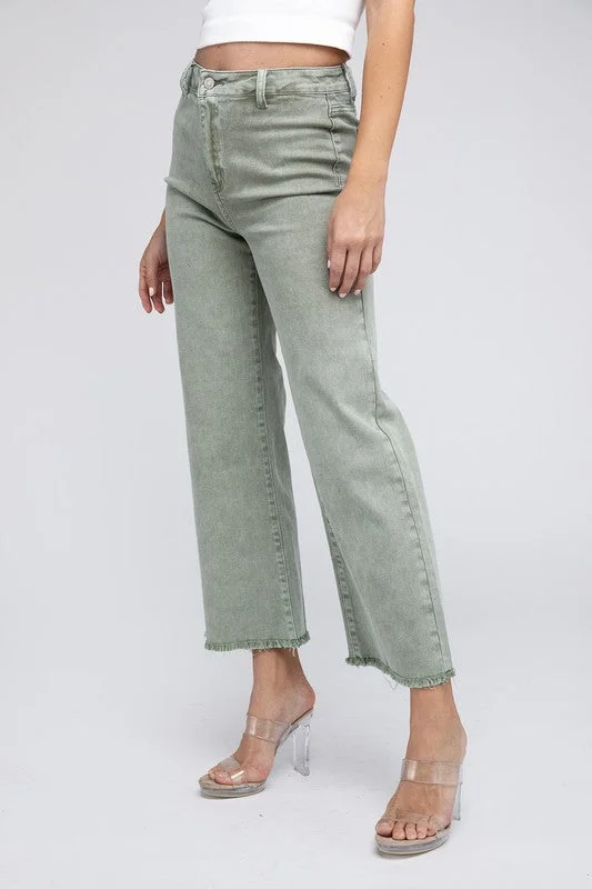 Classic straight-leg pants for versatile daily wear -Acid Wash Frayed Cutoff Hem Straight Wide Pants