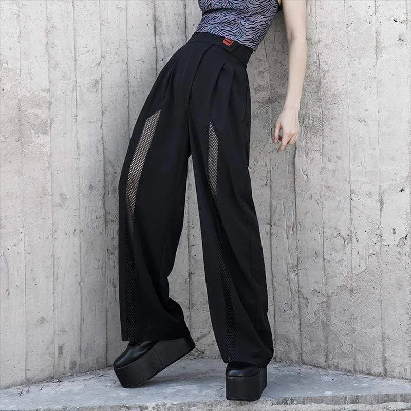 Flowy linen pants for relaxed tropical vacations -Women's Gothic Strappy Splicing Mesh Straight Pants