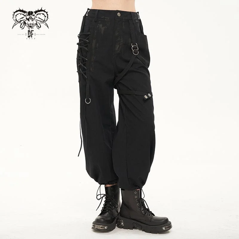 Soft velvet pants for cozy holiday outfits -Women's Punk Lacing-up Lantern Pants