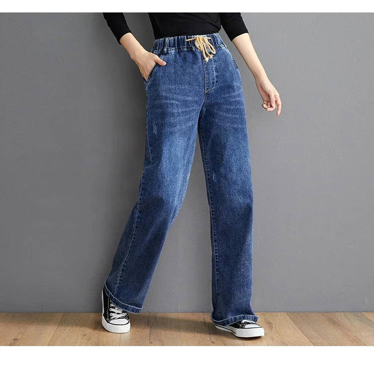 Lightweight linen pants for beach vacation style -Elastic High Waist Women Denim Pants