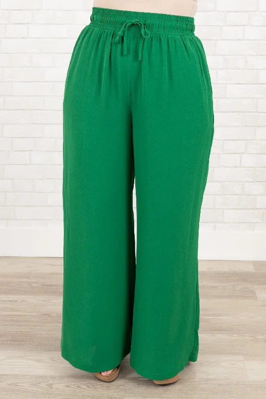 Flowy wide pants for artistic bohemian vibes -Can't Sit Still Pants, Kelly Green