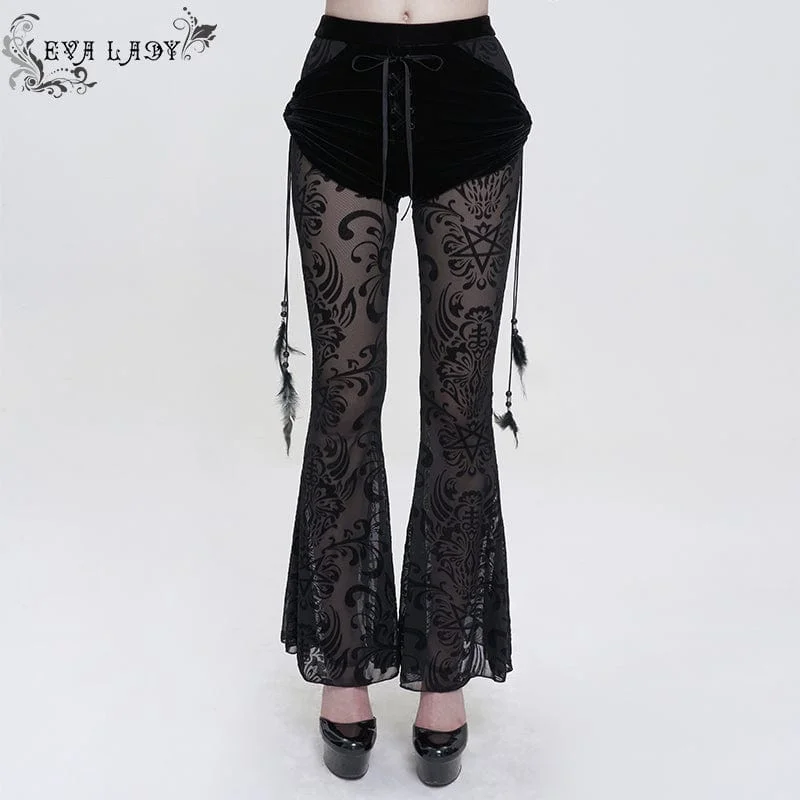 High-rise flare pants for vintage chic appeal -Women's Gothic Drawstring Mesh Splice Flared Pants