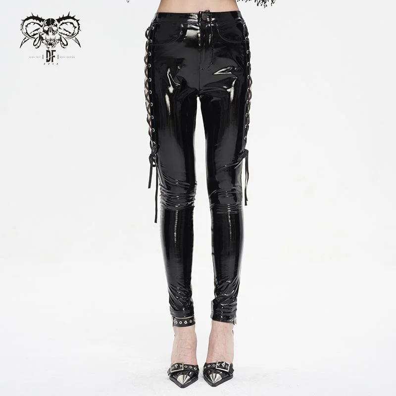 Lightweight culottes pants for summer fashion flair -Women's Punk Cutout Lace-up Patent Leather Pants