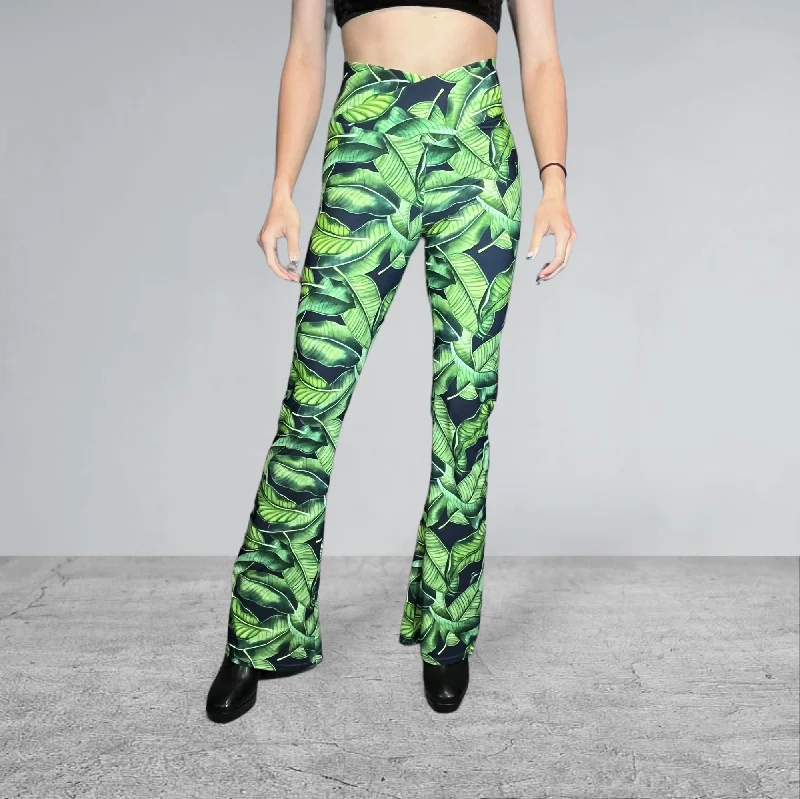 Soft pajama pants for ultimate bedtime comfort -Crossover Waist Bootcut Flare Pants *Tropical Leaf Print* - High V-Waist Flare Pants - Rave Clothing, Festival Pants, Yoga