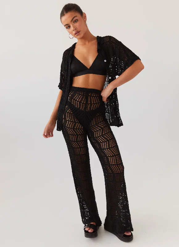 Bold plaid pants for eye-catching style choices -Cabo Paradise Crochet Pants - Black