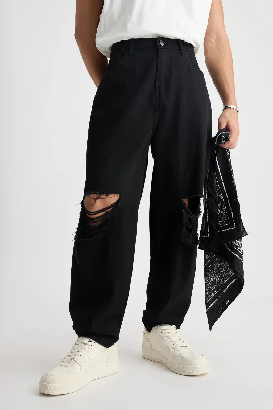 Jean Skirts for Feminine -Men's Distressed Black Baggy Jeans