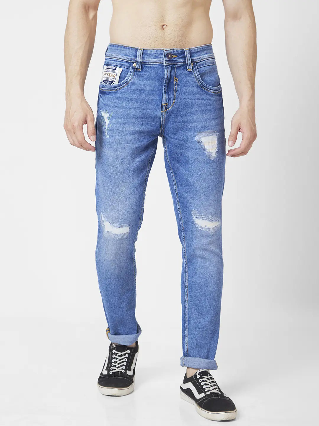 High-end Jeans for Exclusivity -Spykar Men Mid Blue Cotton Slim Fit Narrow Length Mild Distressed Low Rise Jeans (Skinny)