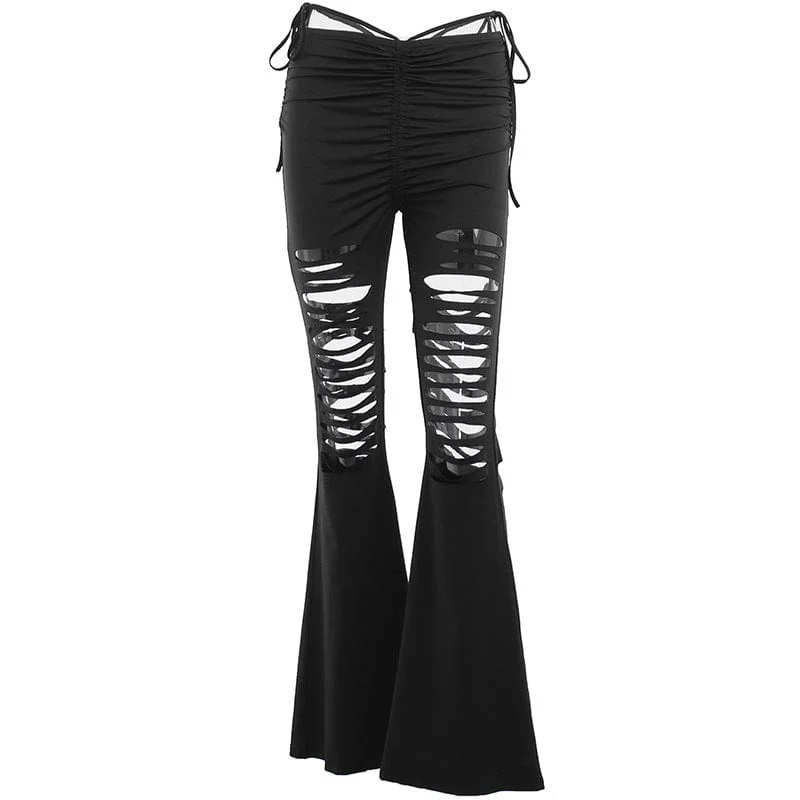 Formal suit pants for wedding guest elegance -Women's Punk Ripped Drawstring Flared Pants