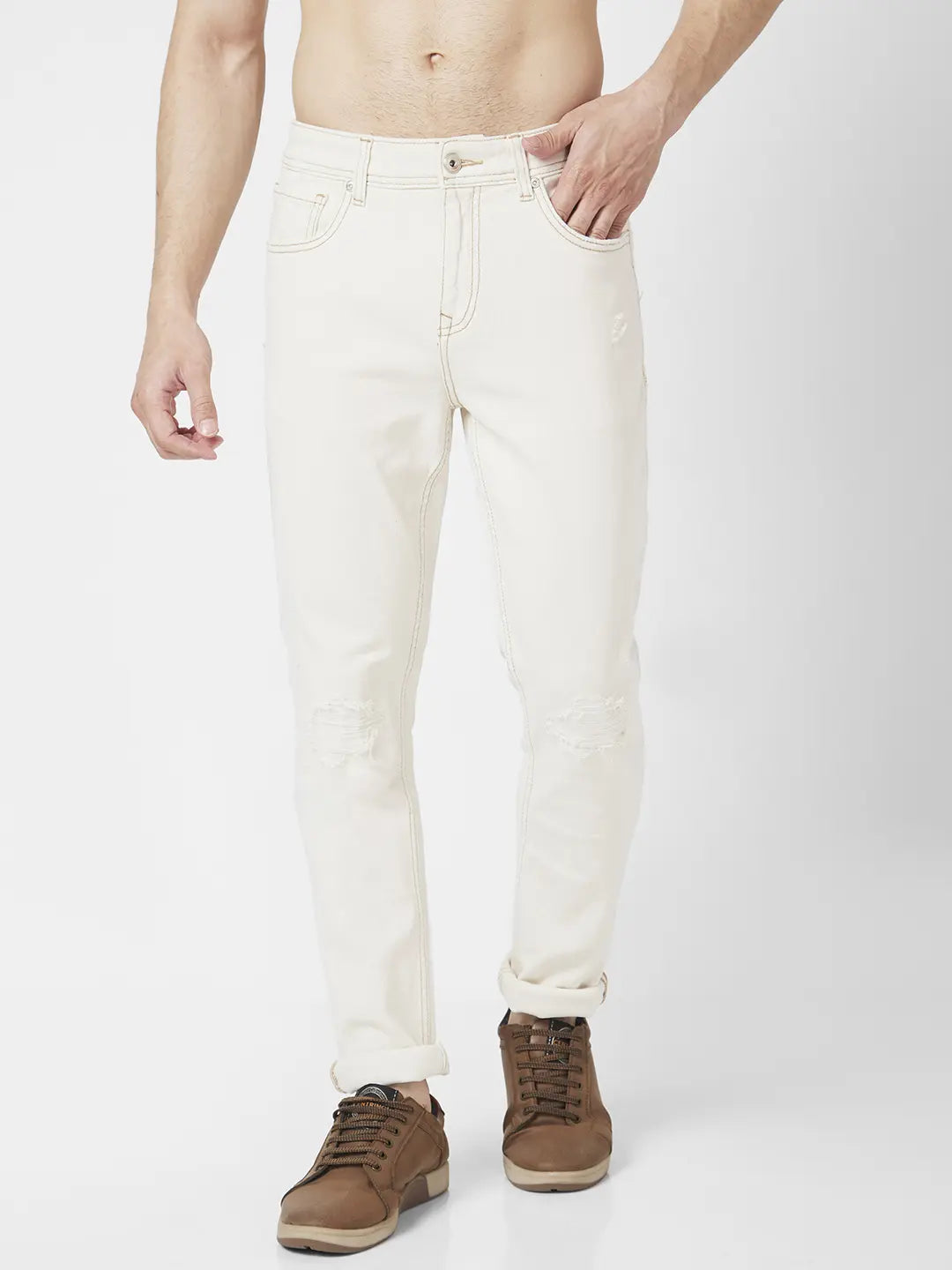 Gray Jeans for Neutral Tone -Spykar Men Off White Cotton Slim Fit Narrow Length Low Distressed Low Rise Jeans (Skinny)