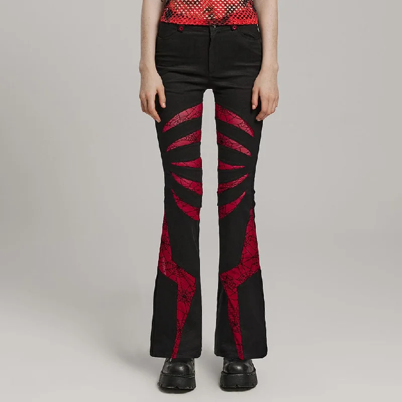 Slim-fit dress pants for sharp evening events -Women's Gothic Symmetrical Mesh Pointed Flared Pants Black-Red