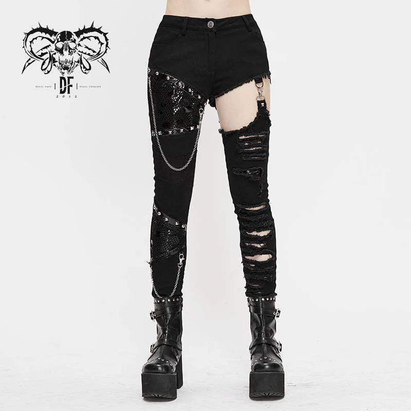 Bold plaid pants for eye-catching style choices -Women's Grunge Cutout Ripped Pants With Rivets And Chains