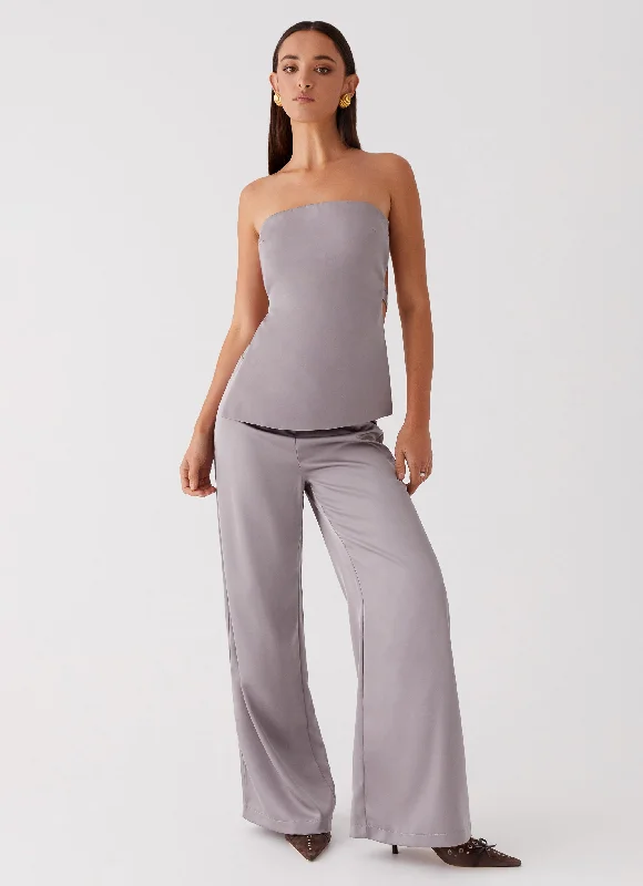 Lightweight linen pants for beach vacation style -Palm Cove Satin Pants - Grey