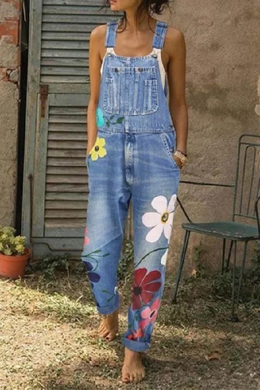 Shopping Jeans for Convenient -KittenAlarm -  Flower-printed Baggy Jeans With Suspenders(3 Colors)