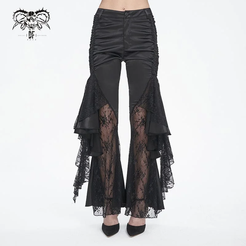 Warm flannel pants for chilly morning lounging -Women's Gothic Lace Floral Flared Pants