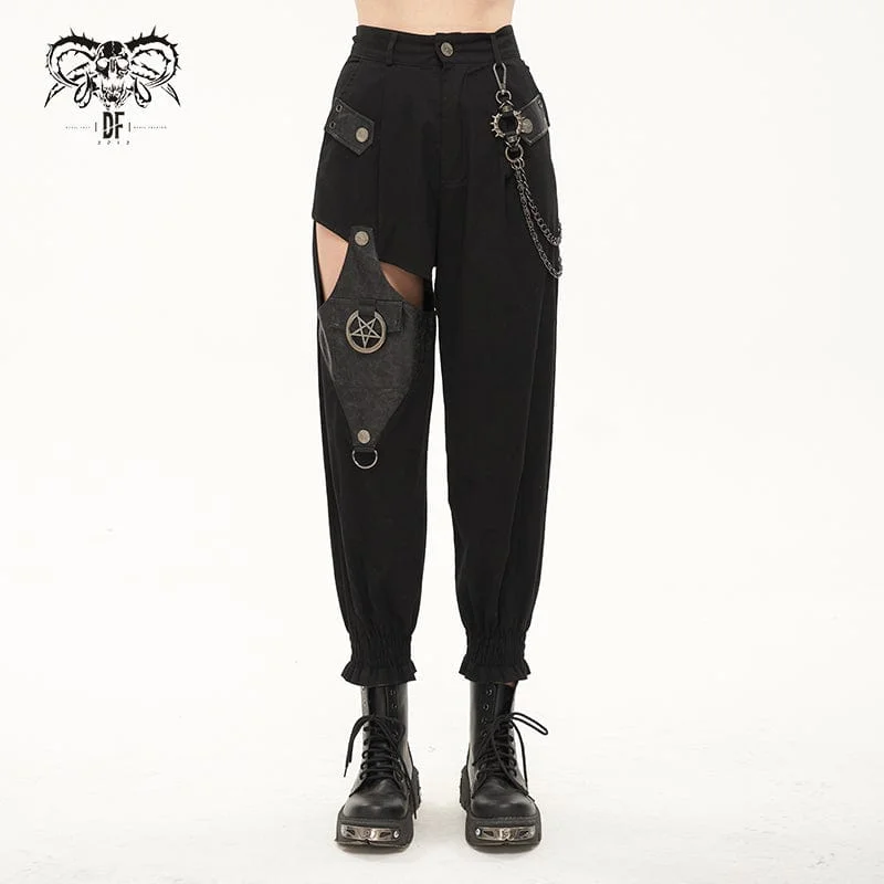 Tapered ankle pants for sleek modern silhouettes -Women's Punk Cutout Faux Leather Splice Jogger Pants with Chain