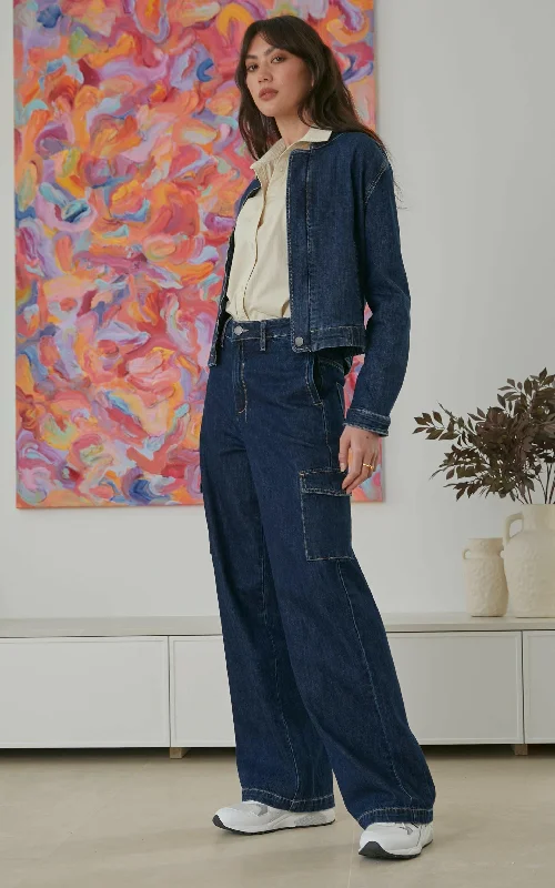 Lightweight travel pants for long flight comfort -Zeona Indigo Cargo Wide Leg Pants