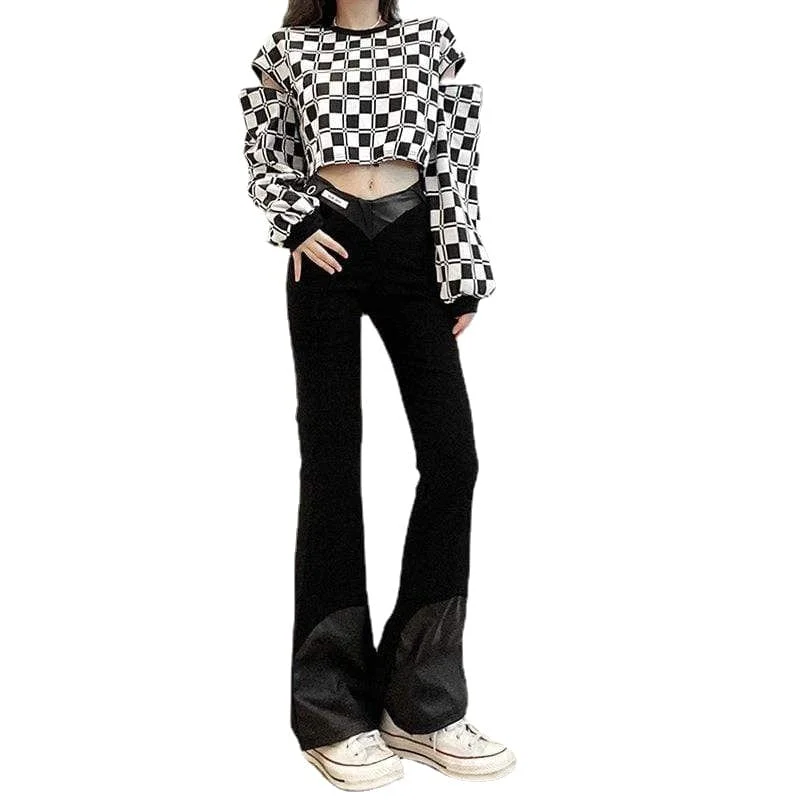 Elegant satin pants for formal dinner attire -Women's Punk Faux Leather Splice Flare Pants