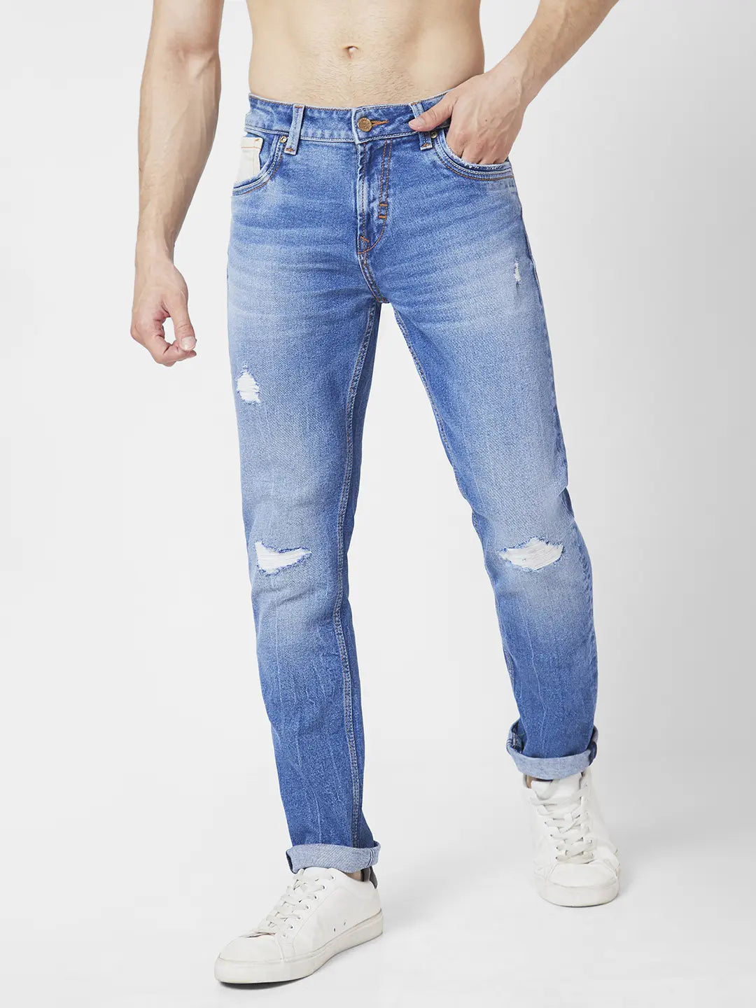 Affordable Jeans for Budget -Spykar Men Mid Blue Cotton Slim Fit Narrow Length Mild Distressed Low Rise Jeans (Skinny)