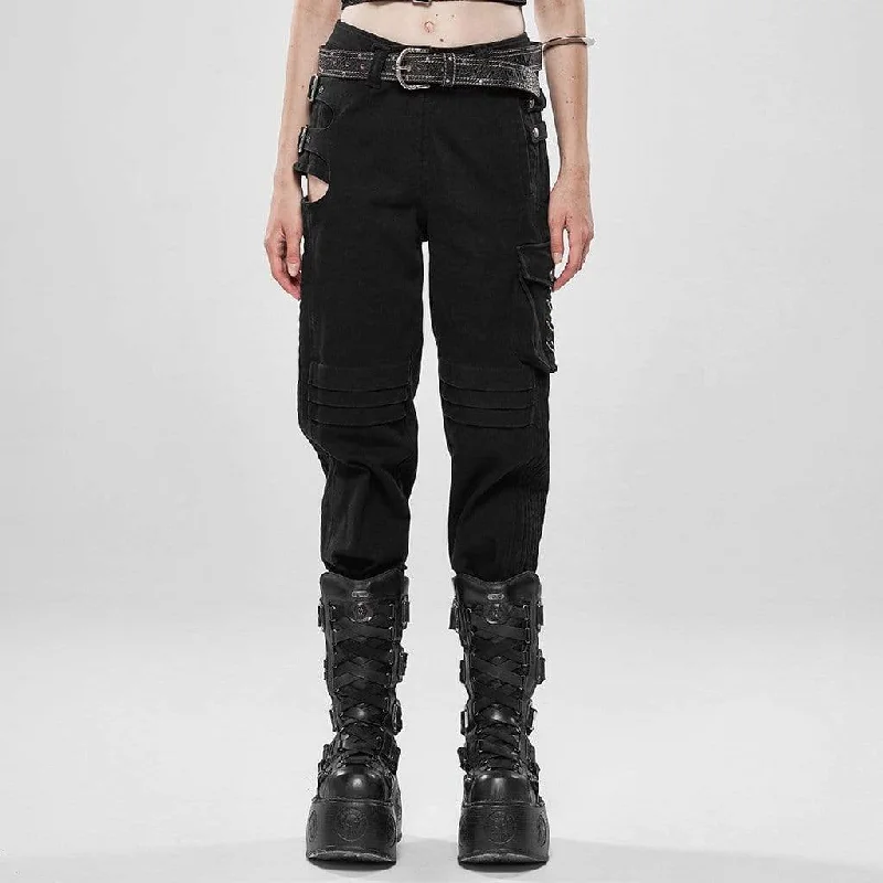 Breathable chino pants for warm climate comfort -Women's Goth Hollow Out Ankle Black Cargo Pants