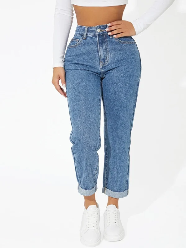 Club Jeans for Social -BerriesJam - Fashion Roll Hem Cropped High Waist Jeans