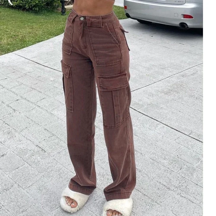 Travel Jeans for On-the-go -KittenAlarm - Brown Vintage Baggy Jeans Women 90s Streetwear