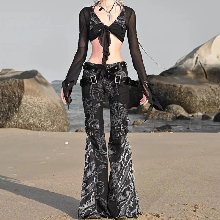 Soft stretch pants for all-day wear ease -Women's Punk Black Tassel Ripped Dragon Pattern Flare Pants with Belt