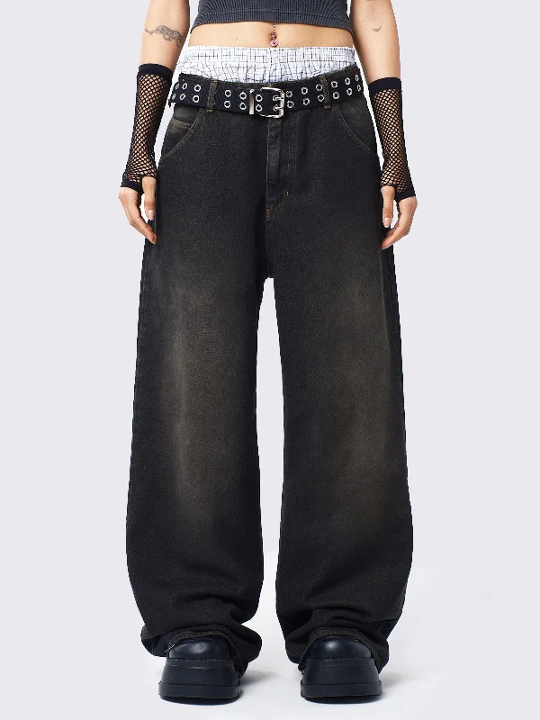 Straight Jeans for Classic Style -Echo Washed Black Overdye Baggy Jeans