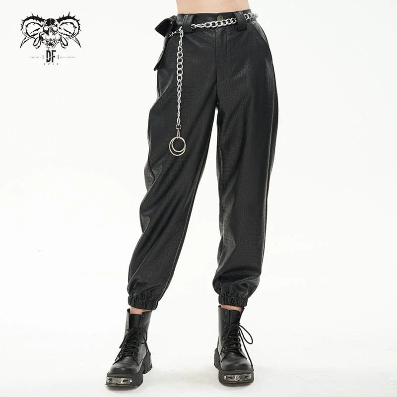 Insulated snow pants for winter outdoor fun -Women's Punk Faux Leather Ankle Banded Pants With Metal Chain