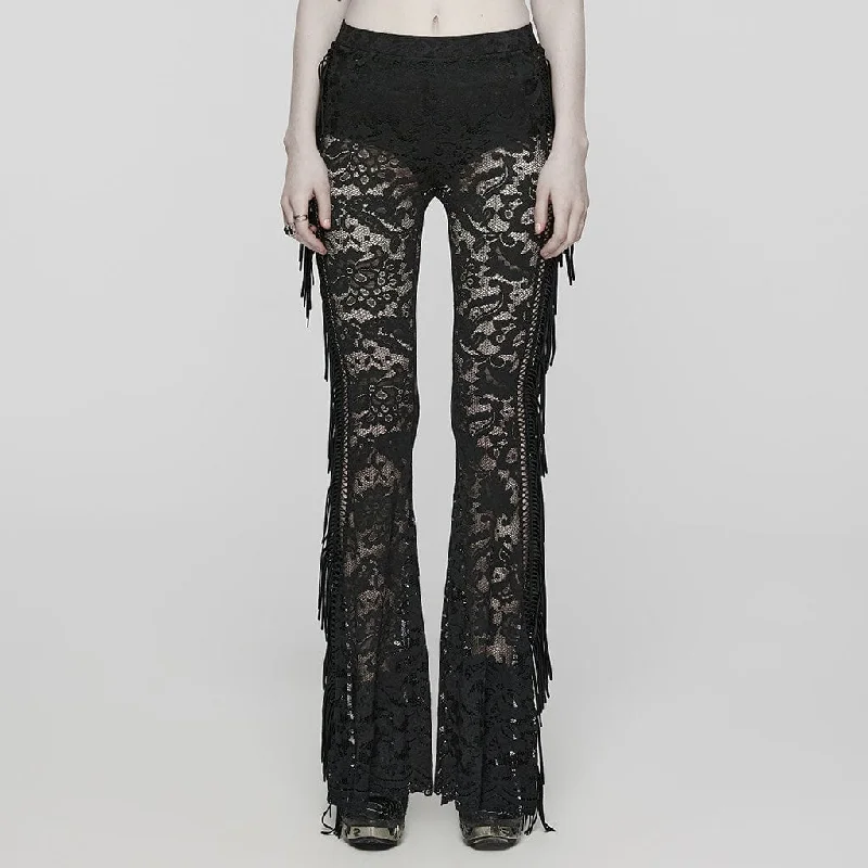 Stretch corduroy pants for cozy fall fashion -Women's Gothic Lace Tassels Flared Pants Black