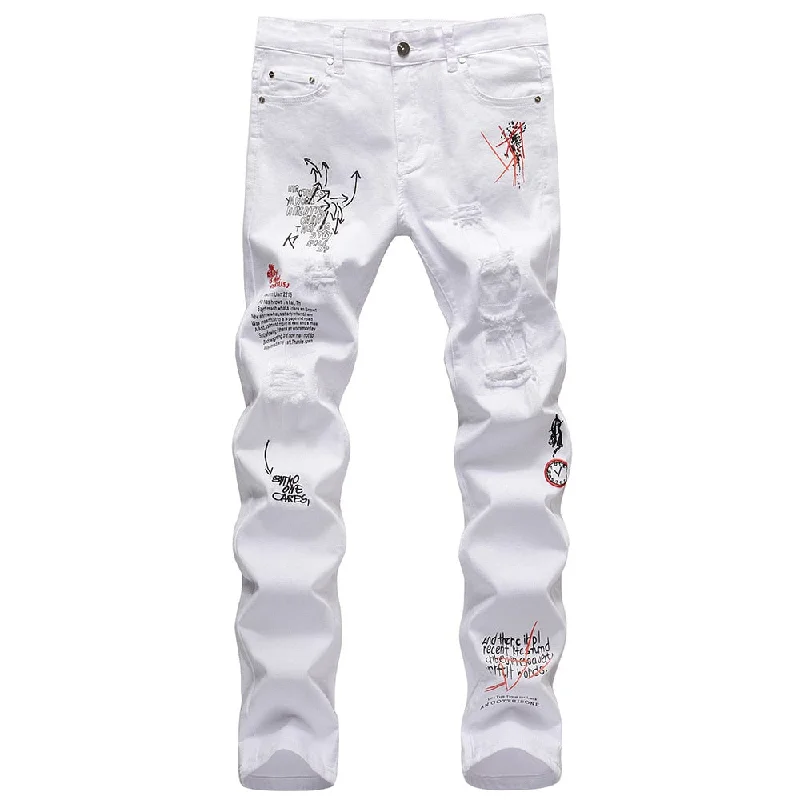 Soft jogger pants for relaxed weekend lounging -Men's Letters Embroidery Printed Stretch Slim Straight Denim Pants