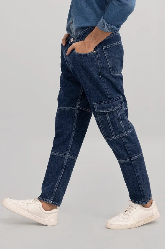 Gym Jeans for Workout -Hefty Mid Blue Cargo Baggy Jeans