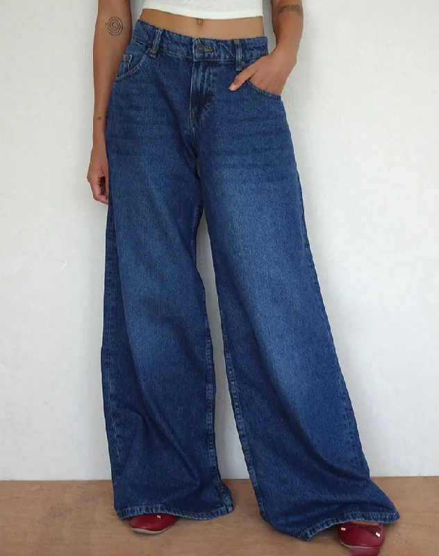 School Jeans for Uniform -Roomy Oversized Low Rise Jeans in Mid Blue Used