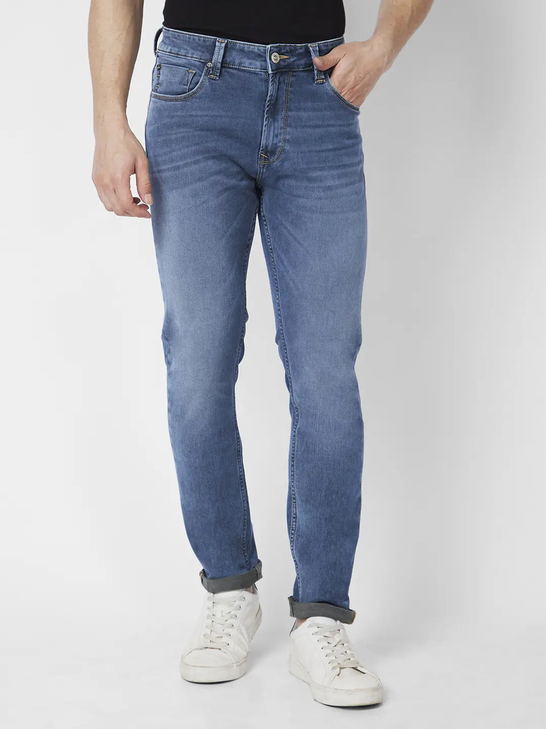 Faded Jeans for Laid-back -Spykar Men Mid Blue Cotton Stretch Slim Fit Narrow Length Clean Look Low Rise Jeans (Skinny)