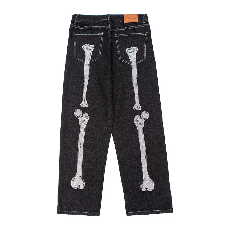 Capri Jeans for Beach Style -Dark Skeleton Embroidery Baggy Jeans