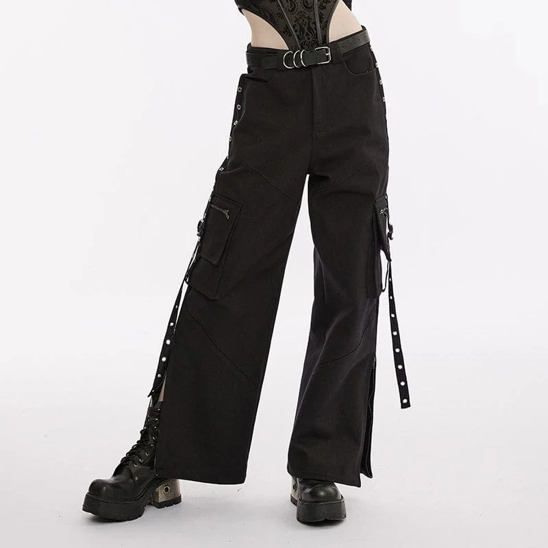 Windproof pants for chilly outdoor activities -Women's Punk Multi-pocket Eyelets Straight Pants