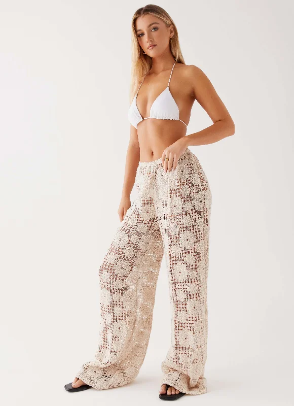 Athletic track pants for running training days -Shell Beach Crochet Pants - Ivory