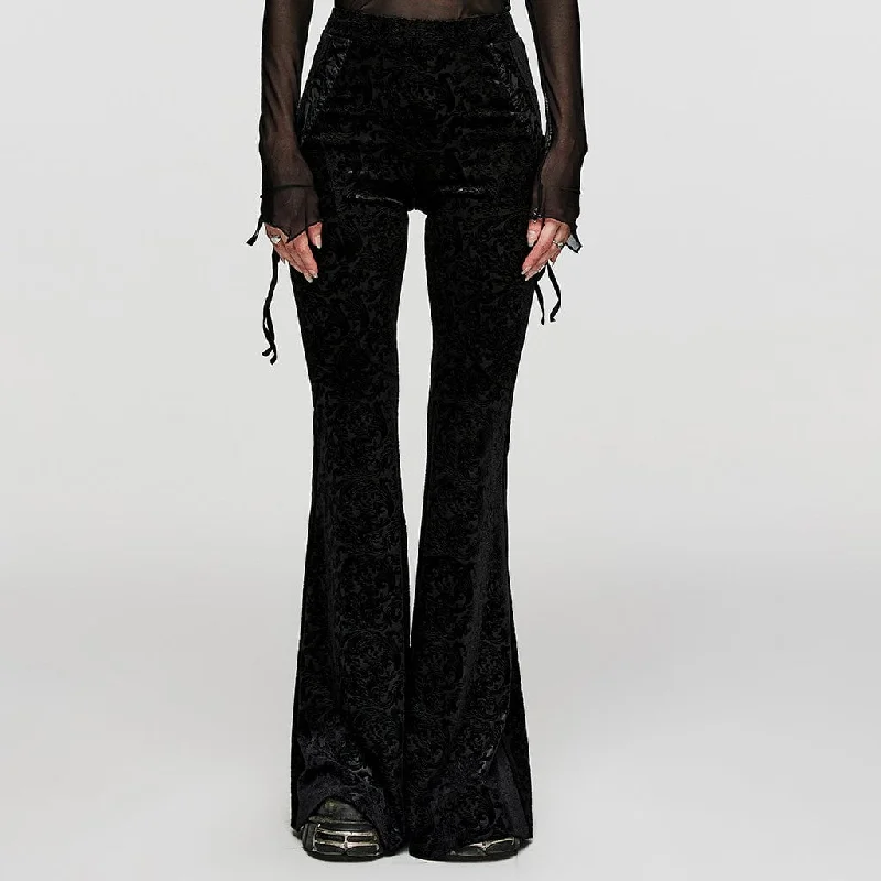 Breathable chino pants for warm climate comfort -Women's Gothic Lace-up Velvet Flared Pants Black