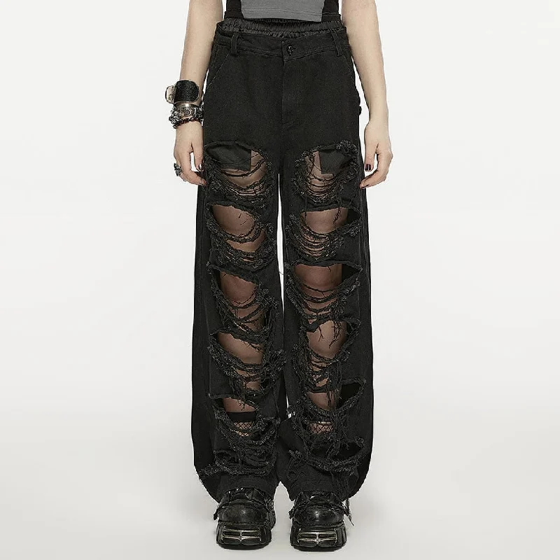 Elegant palazzo pants for formal party outfits -Women's Punk Double-waisted Ripped Pants