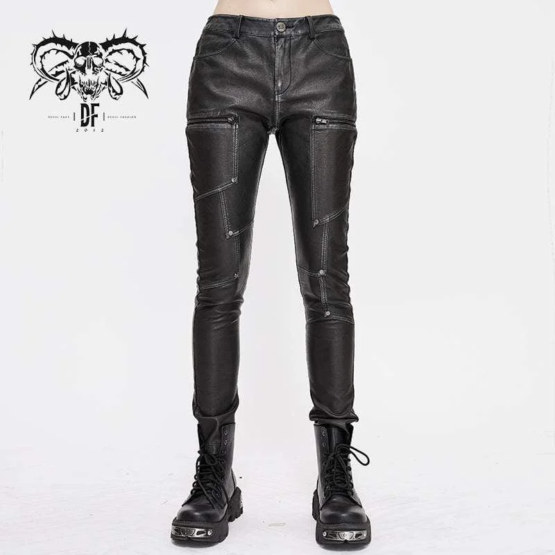 Reinforced cargo pants for heavy-duty field work -Women's Gothic Faux Leather Zip Fitted Pants