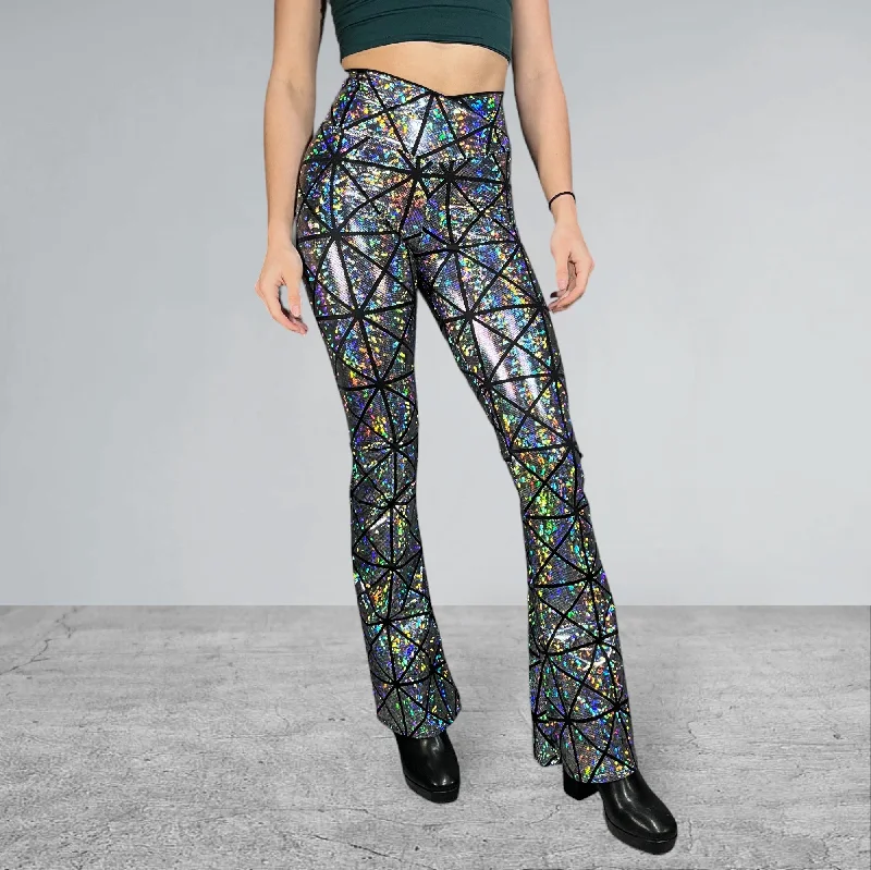 Elegant wide-leg pants for upscale dinner dates -Crossover V-Waist Bootcut Flare Pants - Silver Glass Pane Holographic