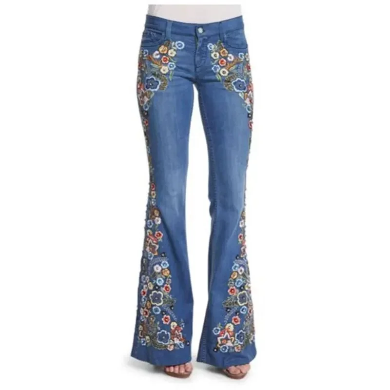 Insulated ski pants for alpine adventure warmth -Women's High Street Fashion Floral Embroidery Multicolor Denim Flare Pants