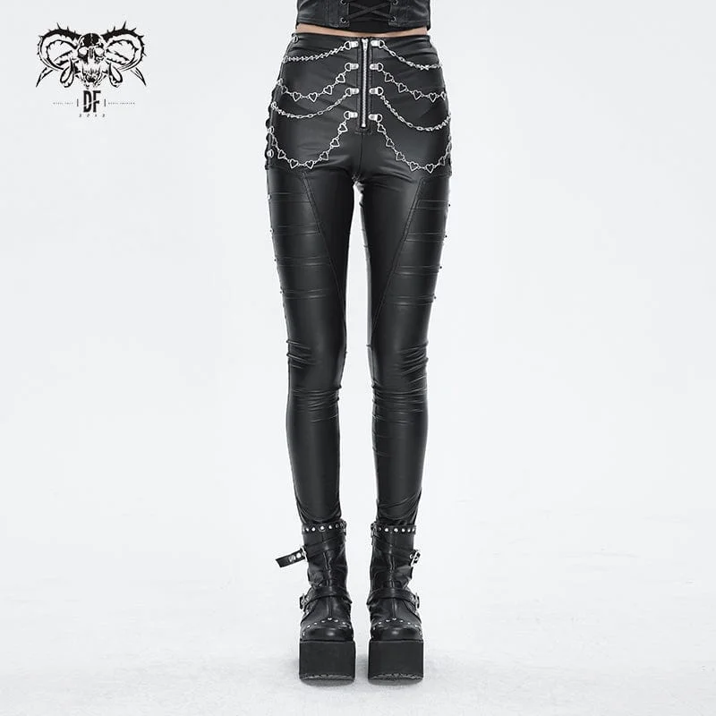 Waterproof rain pants for stormy weather protection -Women's Punk Chain Stud Faux Leather Pants