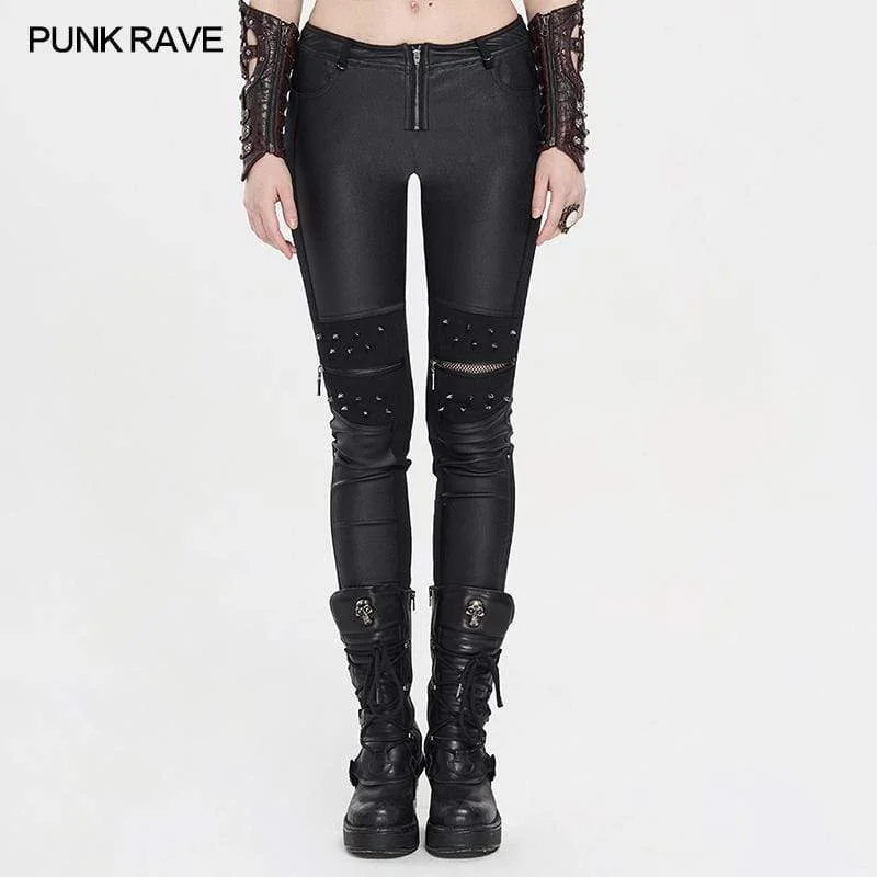 Stretchy skinny pants for figure-hugging appeal -Women's Grunge Hollow Out Rivets Fitted Pants